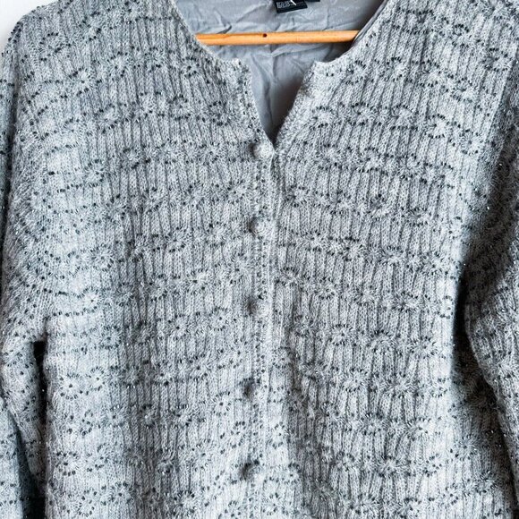 Vintage 90s Gray wool Fully Beaded CardiganM - Picture 3 of 10